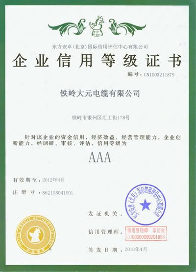 企業信用等級證書